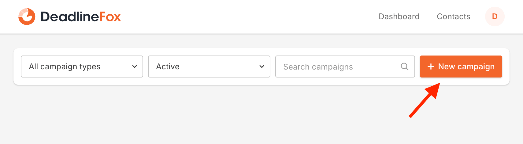 The DeadlineFox dashboard with an arrow pointing to the New campaign button, top right.